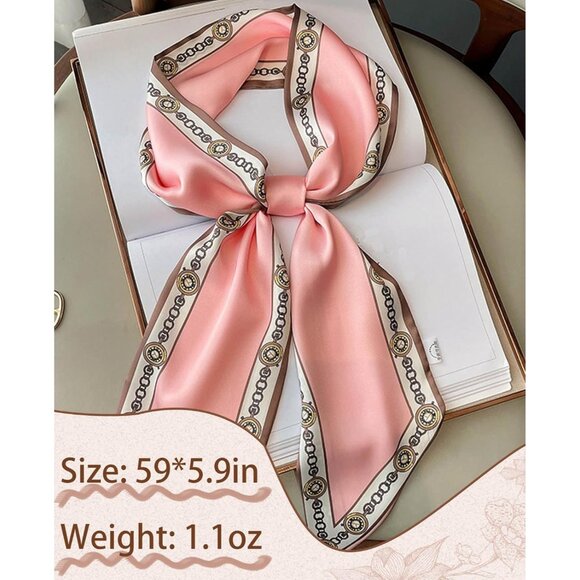 Women's Pink Brown Chain Fashion Oblique Angle Silk Neck Scarf Printed Scarves - Picture 2 of 7